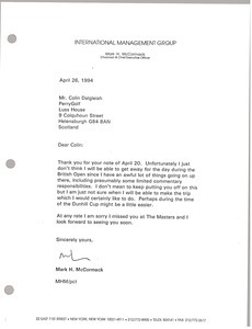 Letter from Mark H. McCormack to Colin Dalgleish