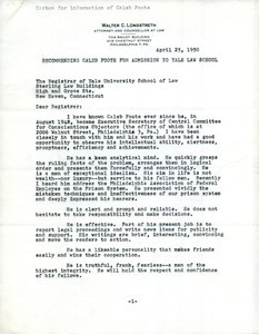 Letter from Walter C. Longstreth to Yale Law School Registrar