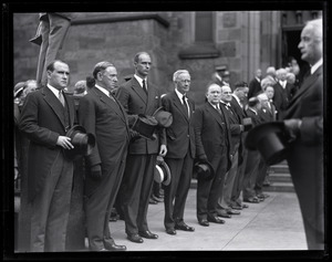 Mayor James Michael Curley (2nd from left) and James Roosevelt (3d from left) at the funeral of Boston Superintendent of Police Michael Crowley