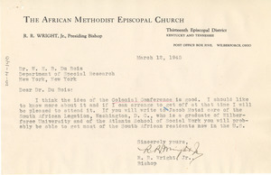 Letter from Bishop R. R. Wright to W. E. B. Du Bois