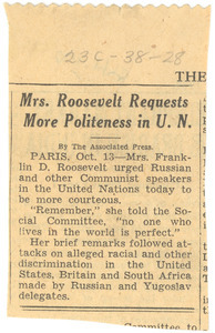 Mrs. Roosevelt requests more politeness in U.N.