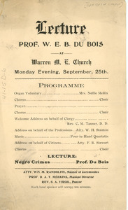 Lecture Prof. W. E. B. Du Bois at Warren M.E. Church Monday Evening, September 25th