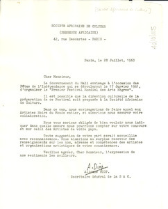 Letter from Société africaine de culture to W. E. B. Du Bois