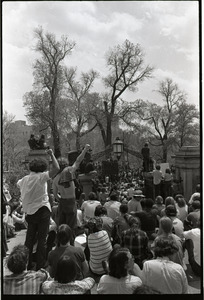 Demonstration at State House against the killings at Kent State: view from crowd on State House steps toward the Common