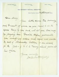 Letter to Amos Alonzo Stagg from Yale University dated September 25 , 1891