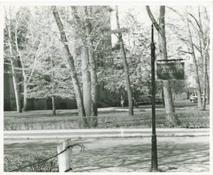The Springfield College sign across Judd Gymnasia, ca. 1943