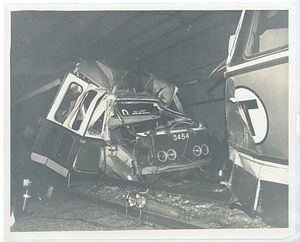 Unidentified Green Line collision, view in tunnel of damaged front of train