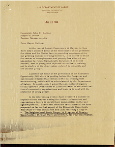 Letter from Secretary of Labor W. Willard Wirtz to Mayor John Collins concerning employment opportunity programs