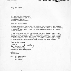 Letter from A. Alan Friedberg to Victor M. Rodriguez regarding the rental of the Music Hall Theatre for Festival Puertorriqueño 1974