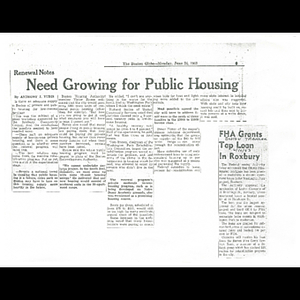 Photocopies of newspaper articles about Roxbury Community Council panel and need for public housing, and Federal Housing Authority loan granted to modernize Roxbury apartments