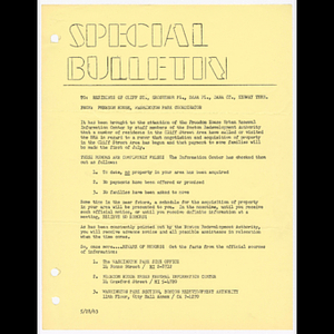 Memorandum from Freedom House, Washington Park Coordinator to residents of Cliff St., Grosvenor Pl., Dana Pl., Dana Ct., and Kenway Terr. about rumor that Boston Redevelopment Authority has been negotiating and acquiring property in Cliff Street area