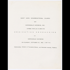 Invitation from Saint Mark Congregational Church and Marksdale Gardens, Inc. to attend the dedication ceremonies for Marksdale Gardens on October 27, 1963 and drawings of Marksdale Gardens site