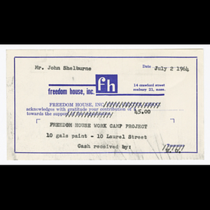 Receipt for Mr. John Shelburne, contribution to the Freedom House work camp project