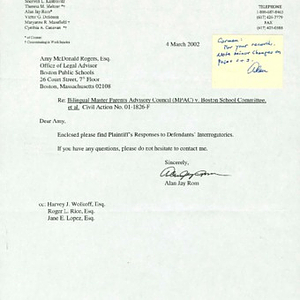Letter from Alan Jay Rom to Amy McDonald Rogers containing a copy of the plaintiff responses to defendants' interrogatories in the case of Bilingual Master Parents Advisory Council vs. Boston School Committee, et al.