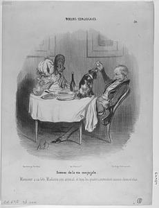 Scènes de la vie conjugale. Monsieur a sa bête, Madame son animal, et tous les quatre s'entendent comme chien et chat. --- Monsieur a sa bête, Madame son animal, et tous les quatre s'entendent comme chien et chat.