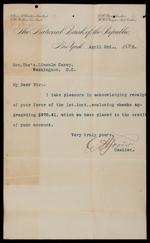 [Charles] H. Stout/National Bank of the Republic to Thomas Lincoln Casey, April 2, 1895