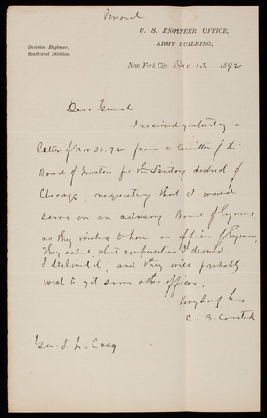 [Cyrus] B. Comstock to Thomas Lincoln Casey, December 13, 1892