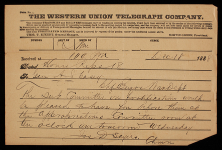 [Joseph] D Sayers to Thomas Lincoln Casey, December 18, 1888, telegram