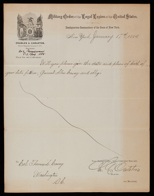 Charles A. Carleton to Thomas Lincoln Casey, January 17, 1884