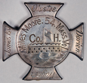 Veteran's badge, Miles Moore, 54th Massachusetts Volunteer Infantry Regiment Co. H.