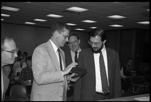 Russell A. Hulse (right) and Joseph H. Taylor (left, with box): at a press conference at UMass Amherst following receipt of the Nobel Prize in Physics