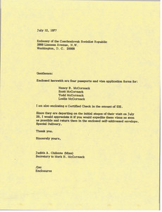 Letter from Judy A. Chilcote to Embassy of the Czechoslovak Socialist Republic