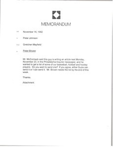 Memorandum from Gretchen Mayfield to Peter Johnson