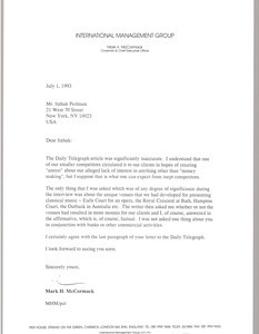 Letter from Mark H. McCormack to Itzhak Perlman