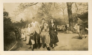 Candid photograph of former students Phyllis Aldrick, John Bourne, Earl Stoddard, and Charlotte Farley,all class of 1949, New Salem Academy