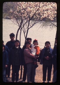 Hsiao Ying Primary School -- Chinese people in front of flowering cherry tree at lake