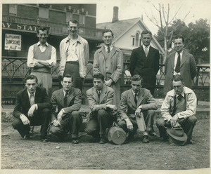 Military inductees awaiting a train for Camp Devens (Sidney Lipshires back row center)