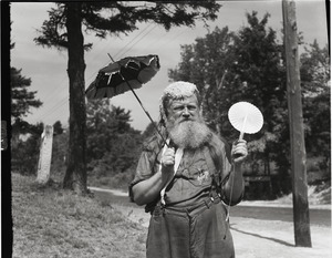 Charles Coffin, The Maine Hermit, with parasol, fan, and dainty head covering