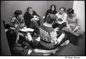 Protesters sitting in a circle during the occupation of the University Placement Office, Boston University, opposing on-campus recruiting by Dow Chemical Co.