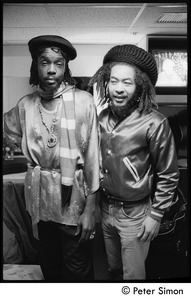 Peter Tosh (let) and unidentified man back stage before his appearance on Saturday Night Live