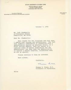 Letter from Thomas S. Szasz to Judi Chamberlin
