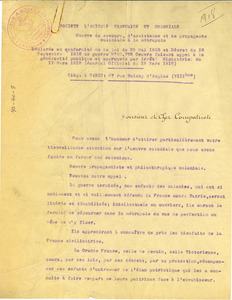 Fundraising letter from the Societe L'Amicale Francaise Et Coloniale