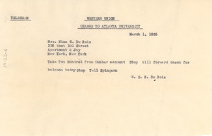 Telegram from W. E. B. Du Bois to Mrs. N. G. Du Bois