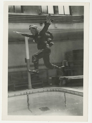 Soldier jumping into McCurdy Natatorium (1942)