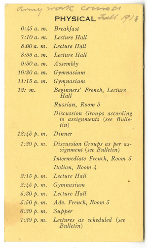 Army War Work Course Schedule (1918)