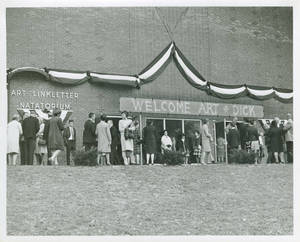 "Welcome Art and Dick" to the Linkletter Natatorium dedication , 1967