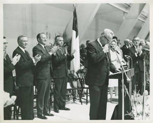 Coach Charles "Red" Silvia giving a speech , 1967