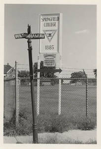 A Springfield College sign at the corner of Wilbraham Avenue and King Street, ca. 1979