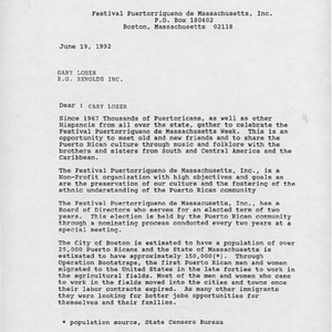 First page of letter from Carmen Ocasio and Reinelda Rivera to Gary Loser at R.G. Reynolds, Inc., inviting them to participate in Festival Puertorriqueño