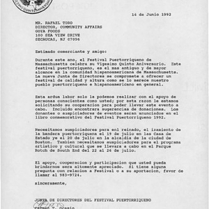 Letter from Carmen Ocasio to Rafael Toro of Goya Foods, requesting donations for Festival Puertorriqueño 1992