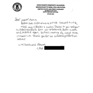 Letter of Sympathy from a Youth Cadet of the Essex County Composite Squadron, Massachusetts Wing, Civil Air Patrol, United States Air Force Auxiliary to the City of Boston