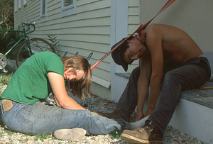 Wilson Greatbatch genetic plantation regeneration project image 15. After a long, hard, hot day renovating the plantations. Melissa Johnson, on left, Donald Campbell on right, both Williams Class of 1984.