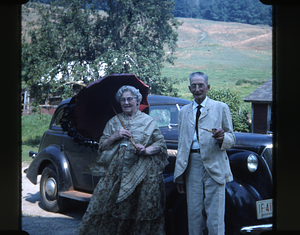 Ella and Arthur Rosenburg preparing to leave their Sheep Hill Farm to attend the Moon Barn Raising at entrance to Hopkins Forest on 2 August 1975.