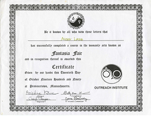 Alison Laing's Fantasia Fair Certificate