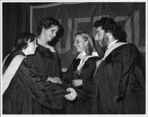 Suffolk University's debate team competes against a British debate team in 1977