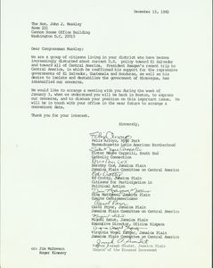 Letter from Jamaica Plain Committee on Central America members to John Joseph Moakley, 13 December 1982